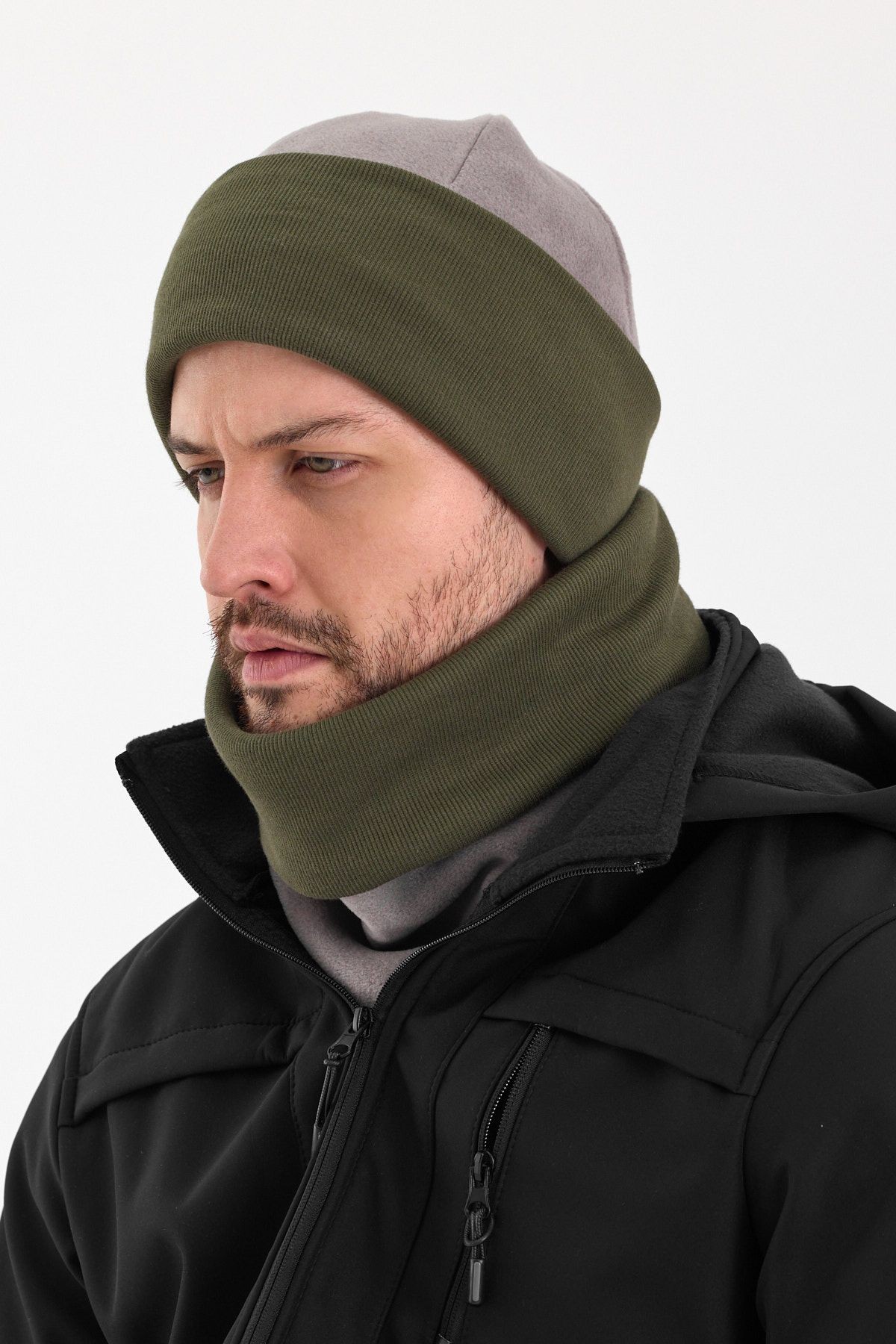 Erkek Polar Dış Kaşkorse Pamuklu İç Kısım Çift Renk Çift Katman Katlanabilir Bere Boyunluk Takım