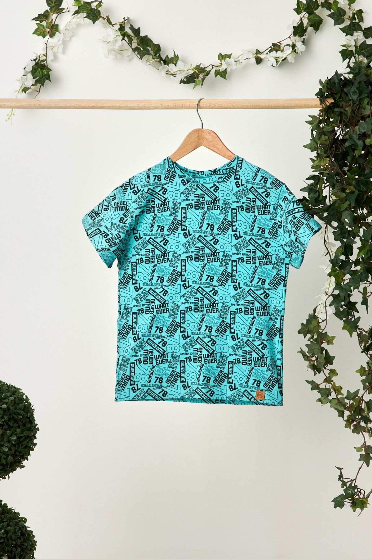 Erkek Çocuk %100 Pamuklu Oversize Turquaz Desenli T-Shirt Yumuşak Lacivert Bandana 2'Lİ TAKIM Seri5