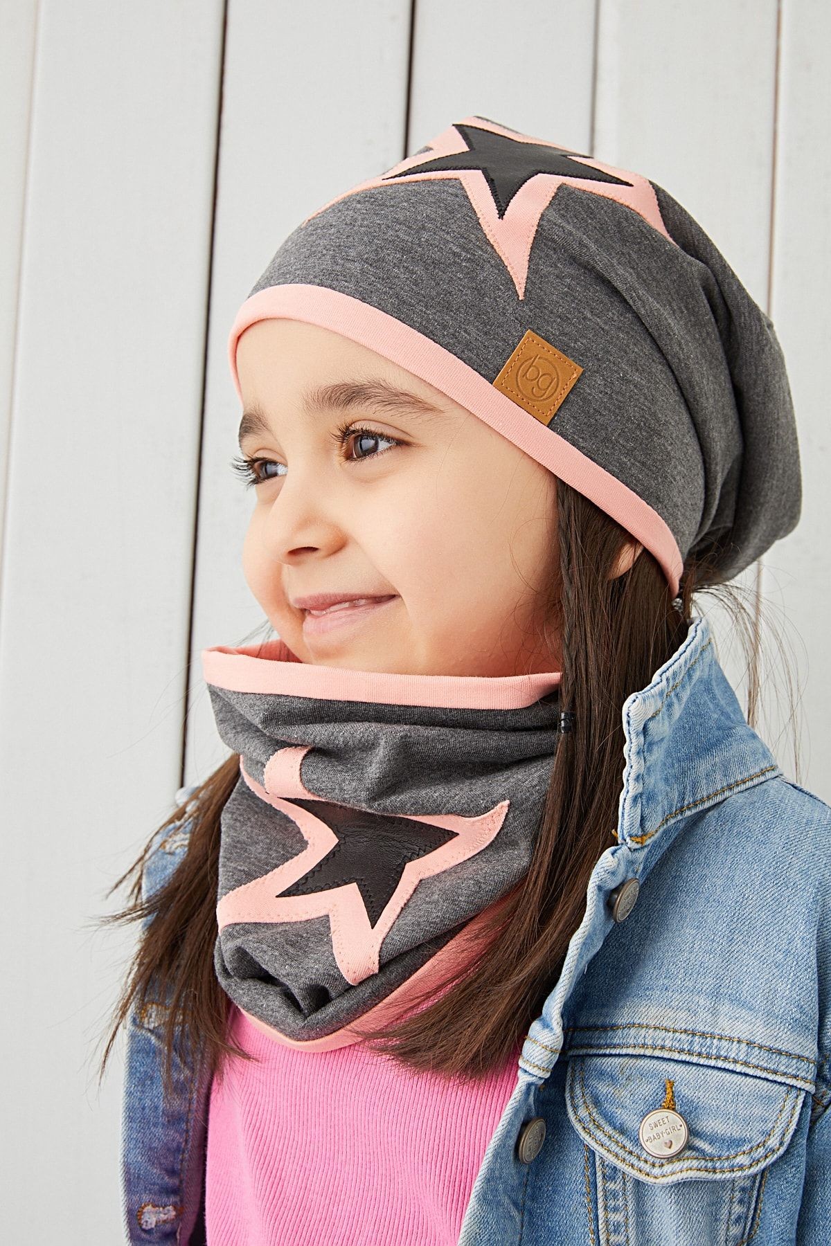 Pudra Gri Çocuk Bebek Bere Boyunluk Set Yumuşak %100 Pamuklu Penye Yıldız Seri