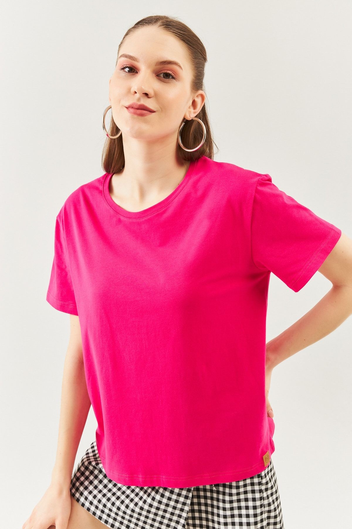 Fuşya Oversize Rahat %100 Pamuklu Penye Bisiklet Yaka Kısa Kol Basic T-shirt