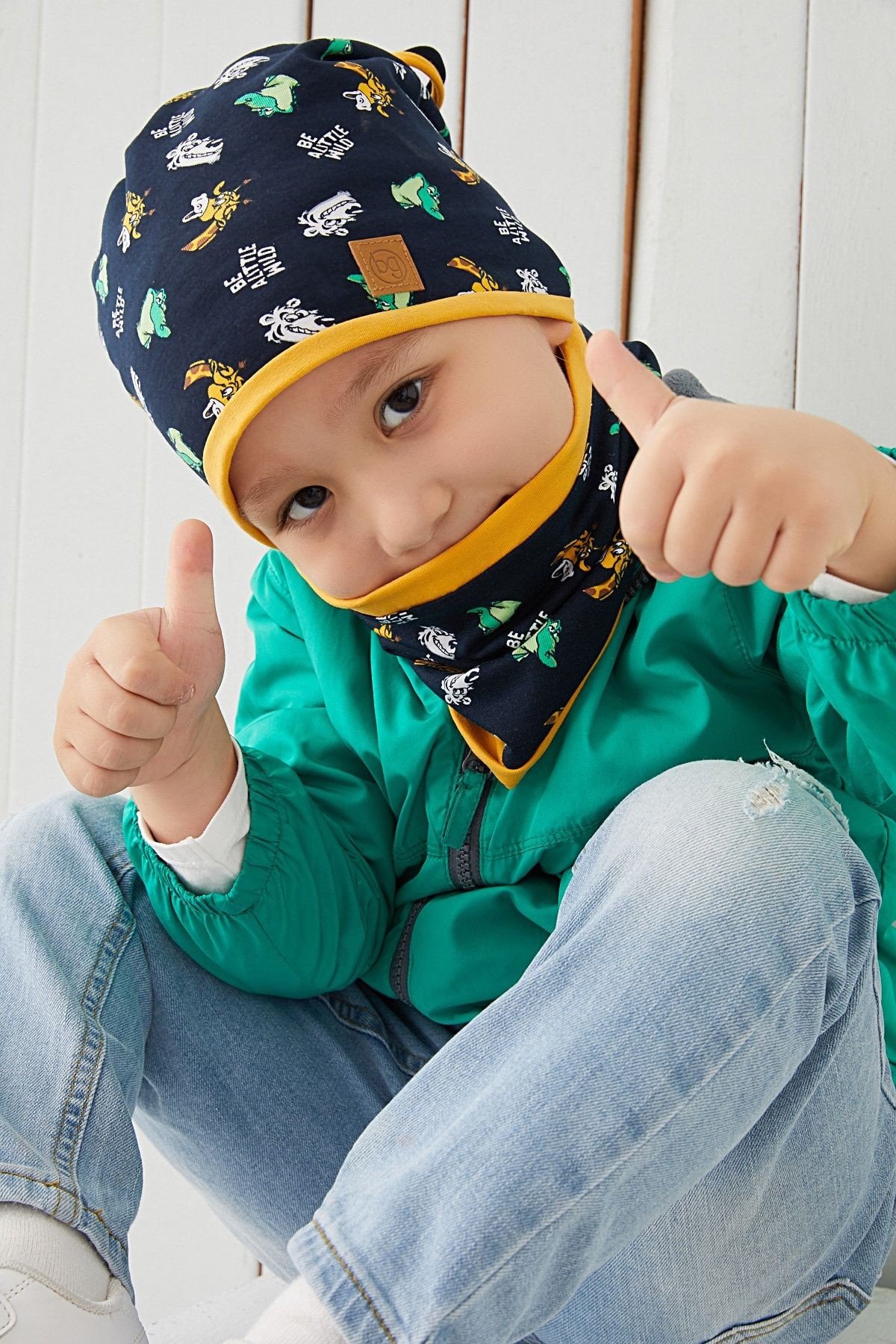 Lacivert Sarı Erkek Çocuk Bebek Bere Boyunluk Takım %100 Pamuklu Penye Çift Katlı Rahat Yumuşak