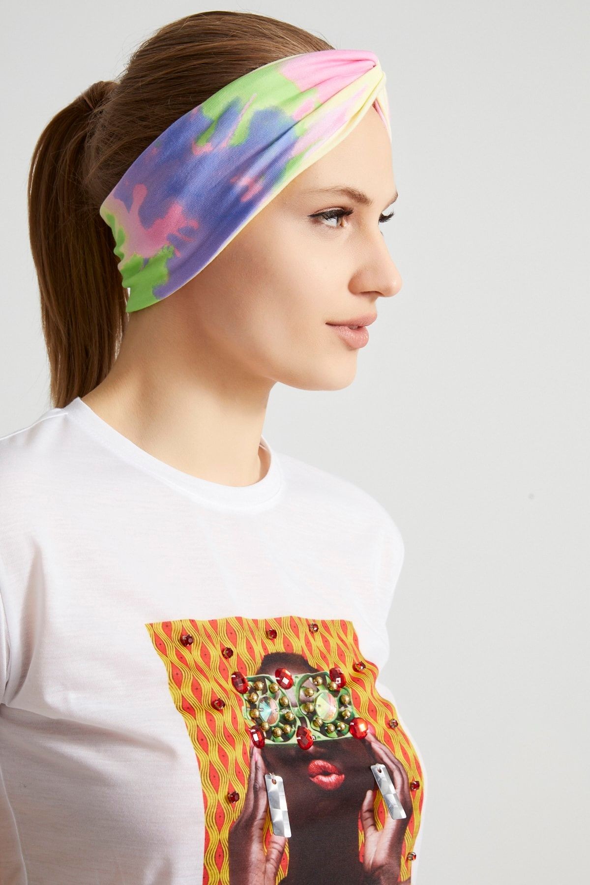 Batik Gökkuşağı, Butik Tasarım Kadın Bandana Saç Bandı, Ekstra Yumuşak, Esnek, Doğal, Pamuklu Penye