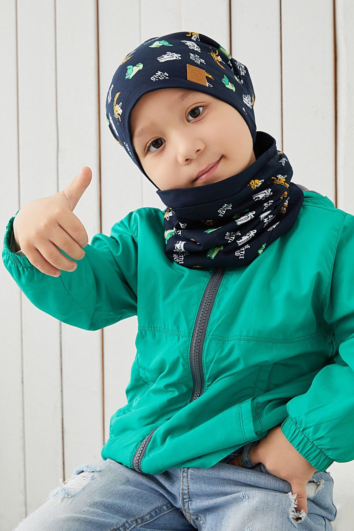 Lacivert Figürlü Erkek Çocuk Bebek Bere Boyunluk Takım %100 Pamuklu Penye Çift Katlı Rahat Yumuşak