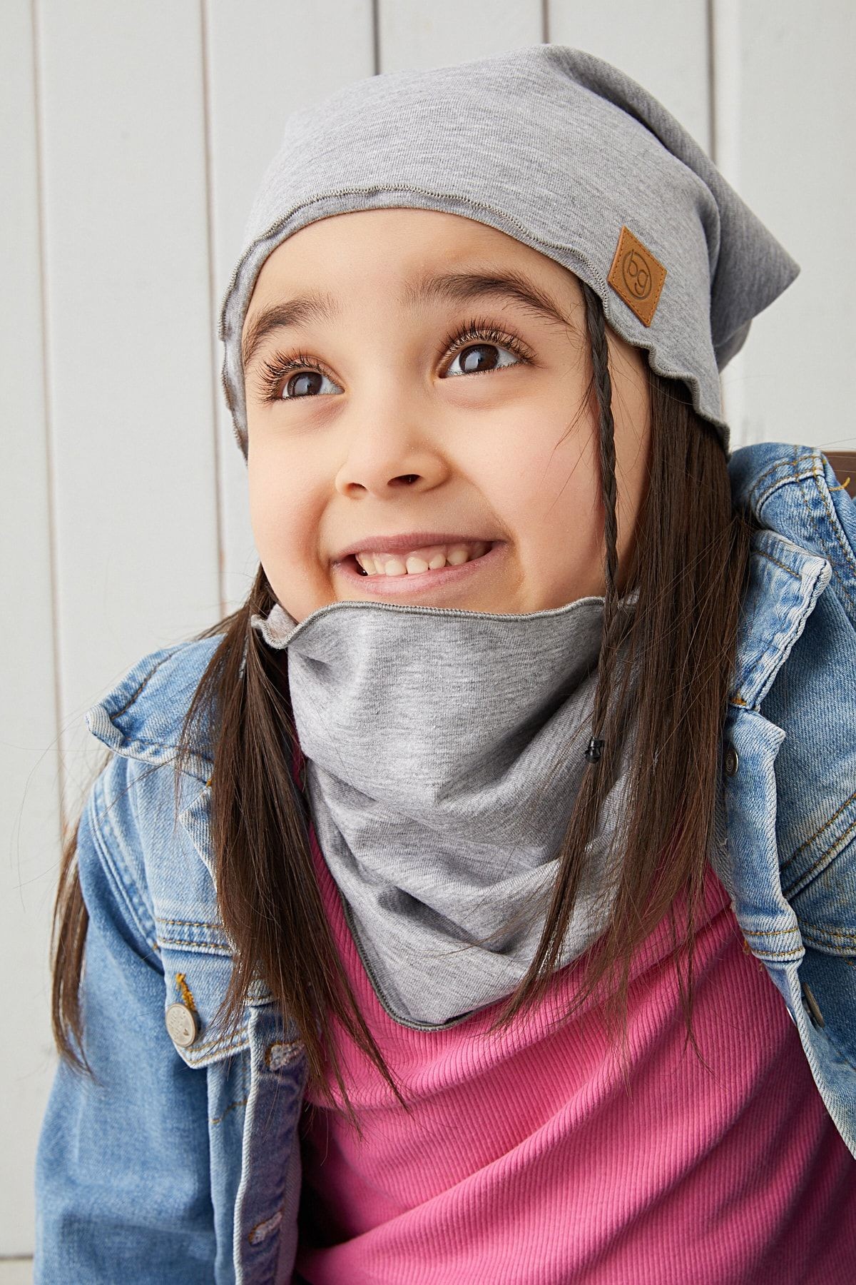 Gri Kız Çocuk Bebek Bere Boyunluk Set Yumuşak %100 Pamuklu Penye Trend Seri
