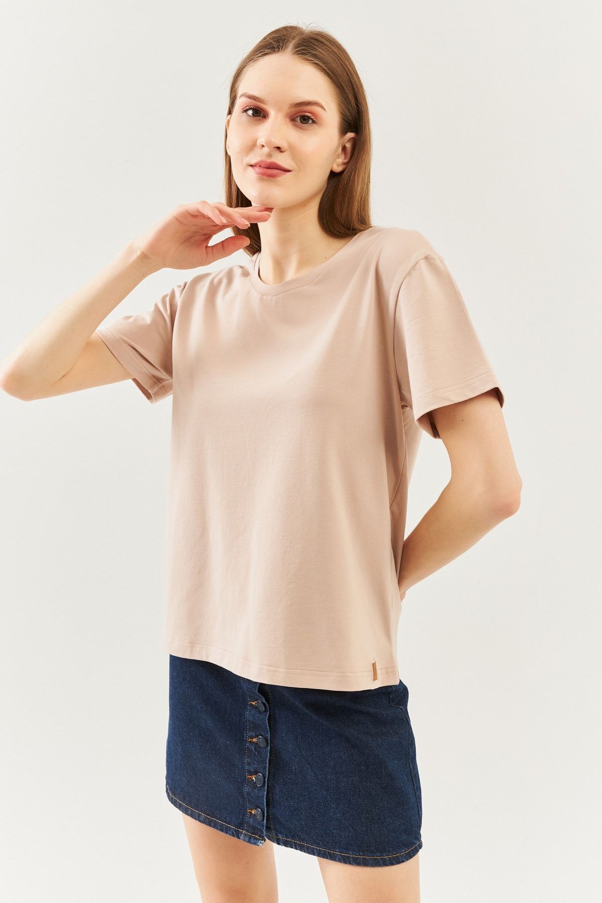 Açık Kahve Oversize Rahat %100 Pamuklu Penye Bisiklet Yaka Kısa Kol Basic T-shirt