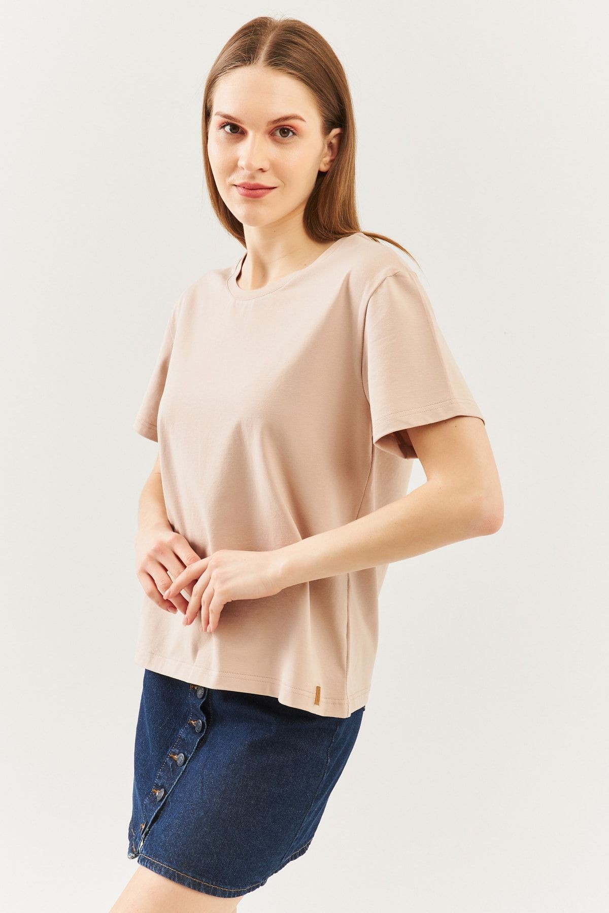 Açık Kahve Oversize Rahat %100 Pamuklu Penye Bisiklet Yaka Kısa Kol Basic T-shirt