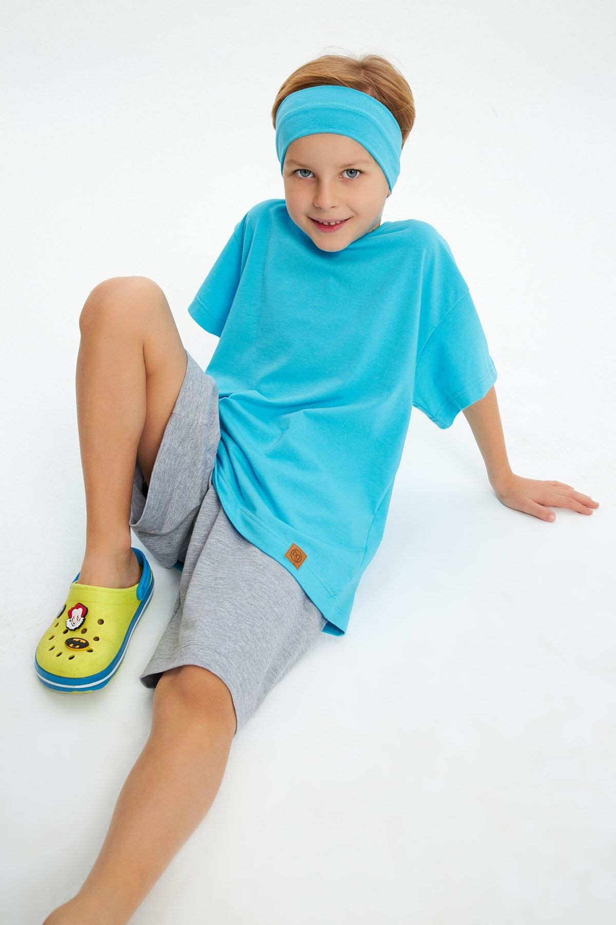 Erkek Çocuk %100 Pamuklu Penye Oversize Aqua T-Shirt Yumuşak Bandana İKİLİ TAKIM Trend Seri1