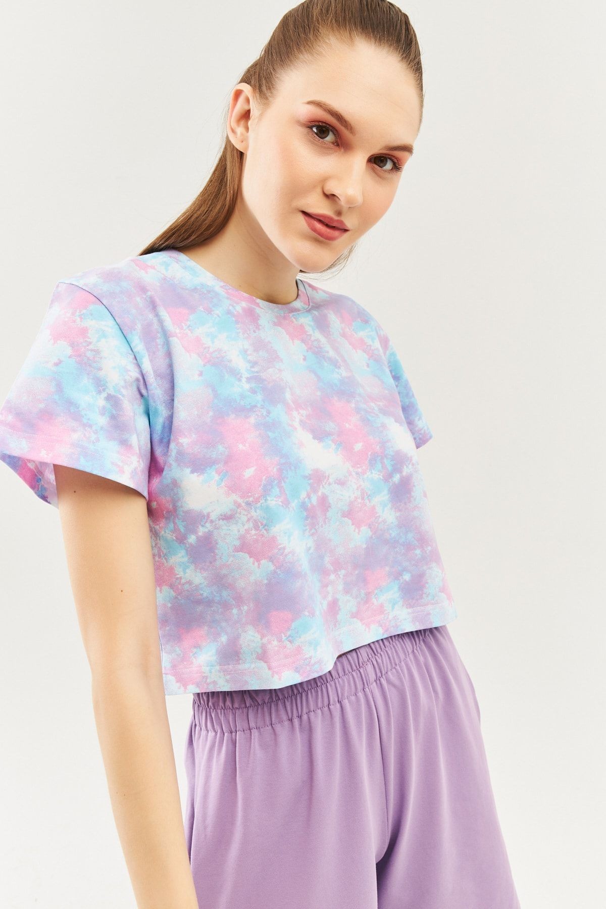 Batik Aqua Oversize Rahat %100 Pamuklu Penye Bisiklet Yaka Kısa Kol Basic Crop T-shirt