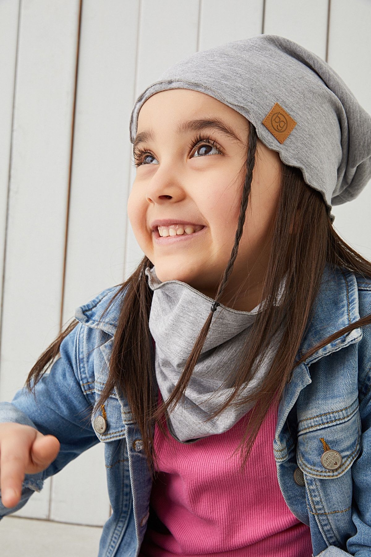 Gri Kız Çocuk Bebek Bere Boyunluk Set Yumuşak %100 Pamuklu Penye Trend Seri
