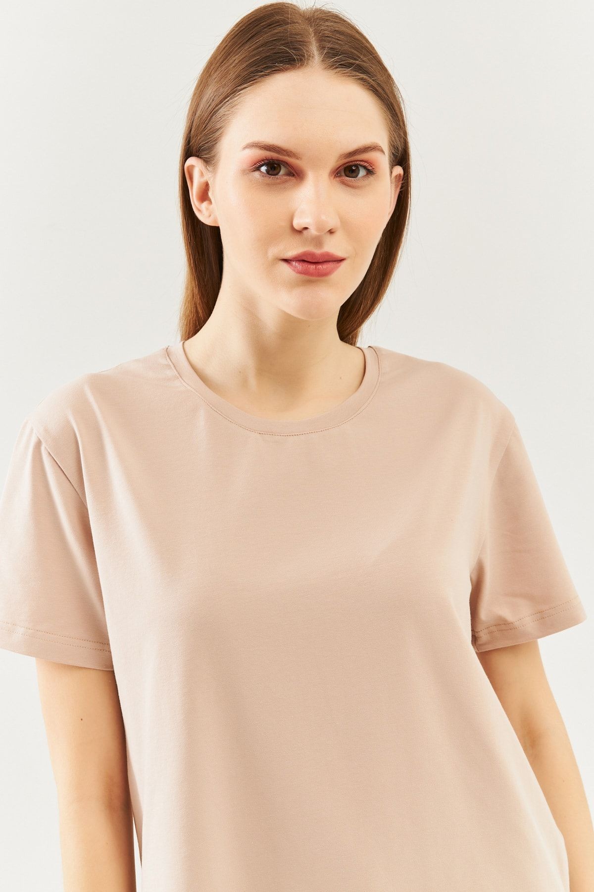 Açık Kahve Oversize Rahat %100 Pamuklu Penye Bisiklet Yaka Kısa Kol Basic T-shirt