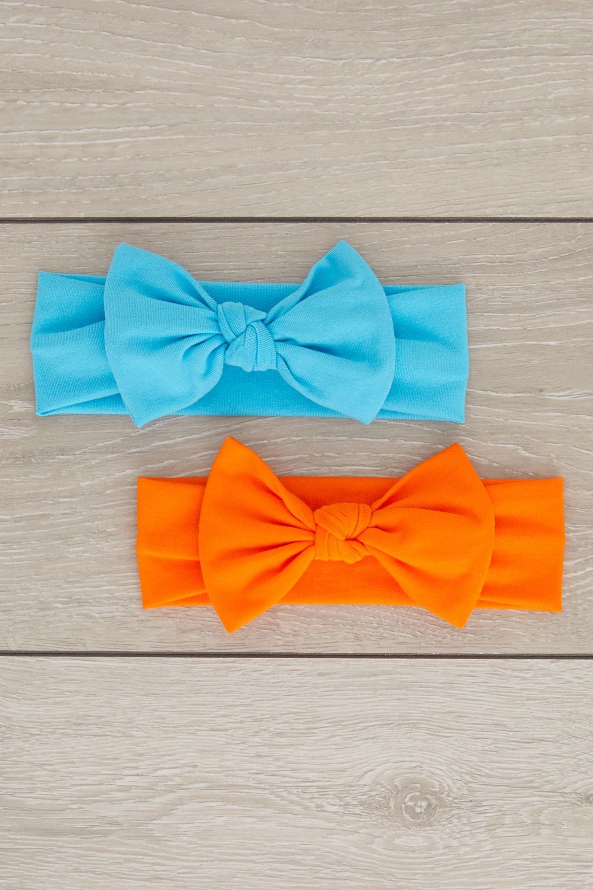 El Yapımı Yumuşak Fiyonk Bağlamalı Doğal Pamuklu Penye 2'li Bebek Çocuk Kız Bandana Turuncu Mavi