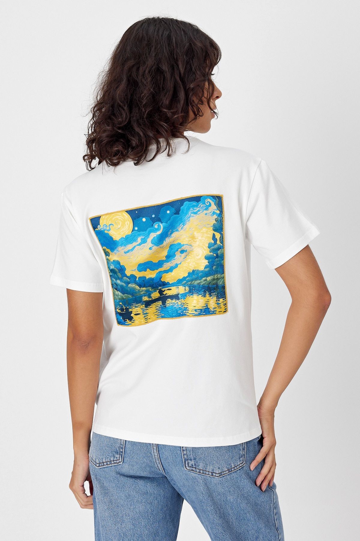 Yapay Zeka Tasarım Sırt Aplike Özel Baskılı %100 Pamuklu Penye Regular Fit T-shirt (vangogh)