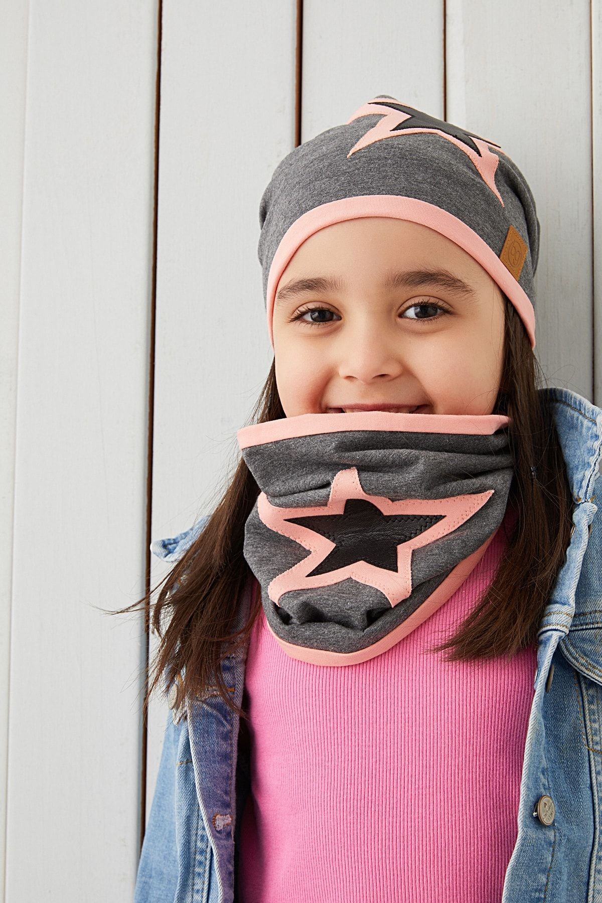 Pudra Gri Çocuk Bebek Bere Boyunluk Set Yumuşak %100 Pamuklu Penye Yıldız Seri
