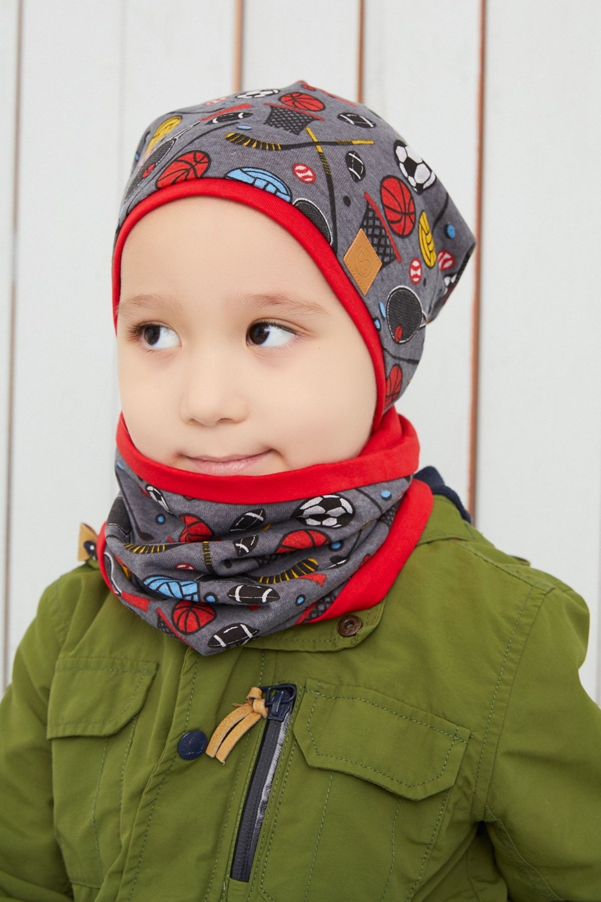 Erkek Çocuk Füme Spor Bere Boyunluk Set Yumuşak Çift Katlı  Doğal Pamuklu Penye