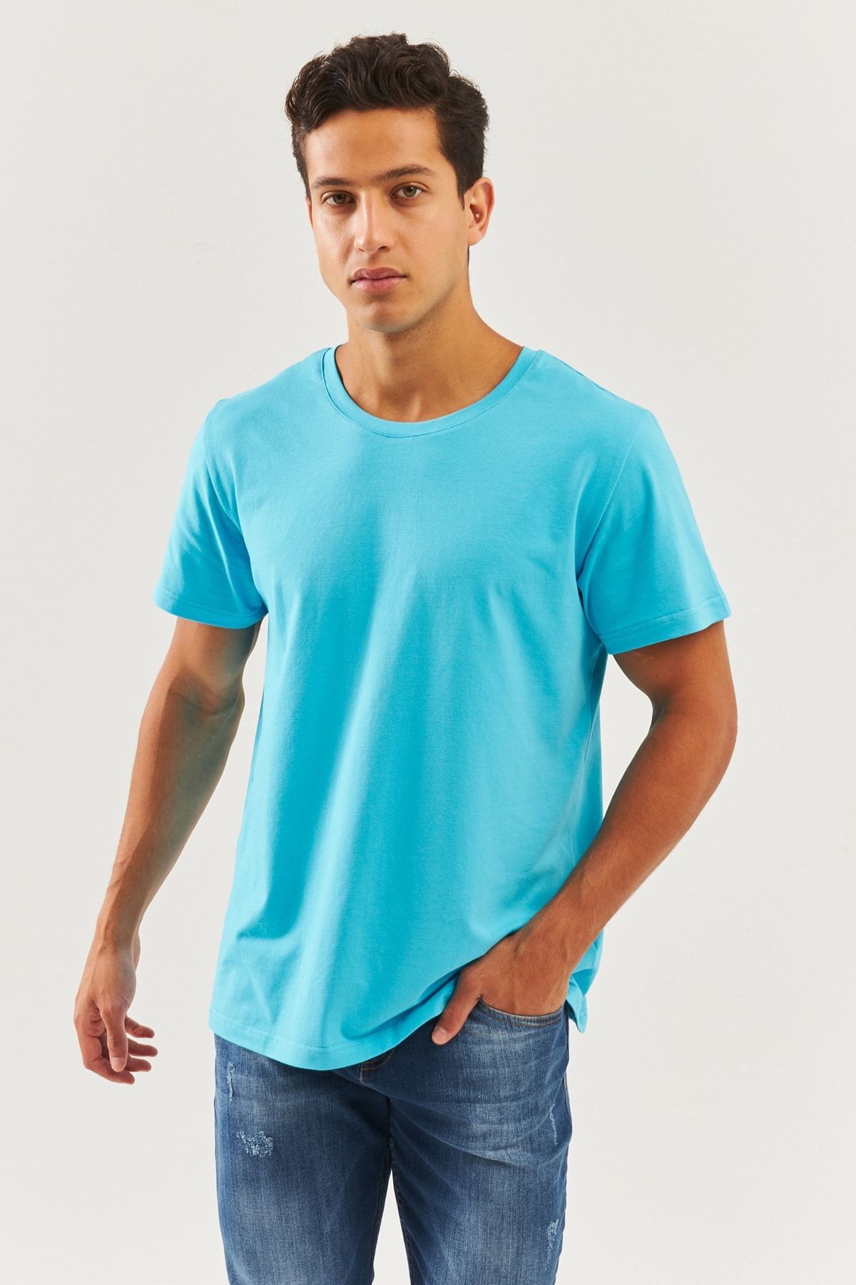 Aqua Oversize Rahat %100 Pamuklu Penye Bisiklet Yaka Kısa Kol Basic T-shirt