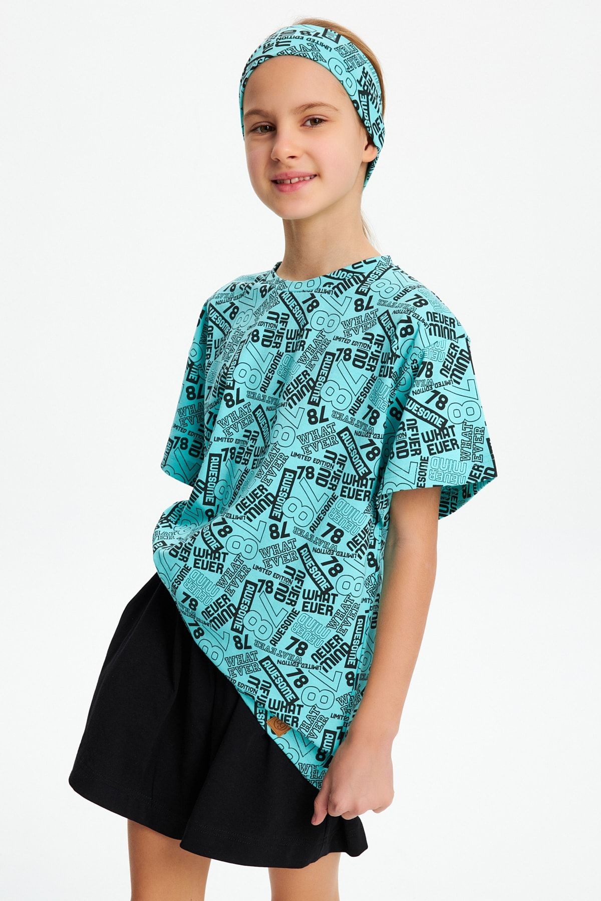 Kız Çocuk Kısa Kollu Desenli Bisiklet Yaka Terletmez Yumuşak Rahat %100 Pamuklu Penye T-shirt