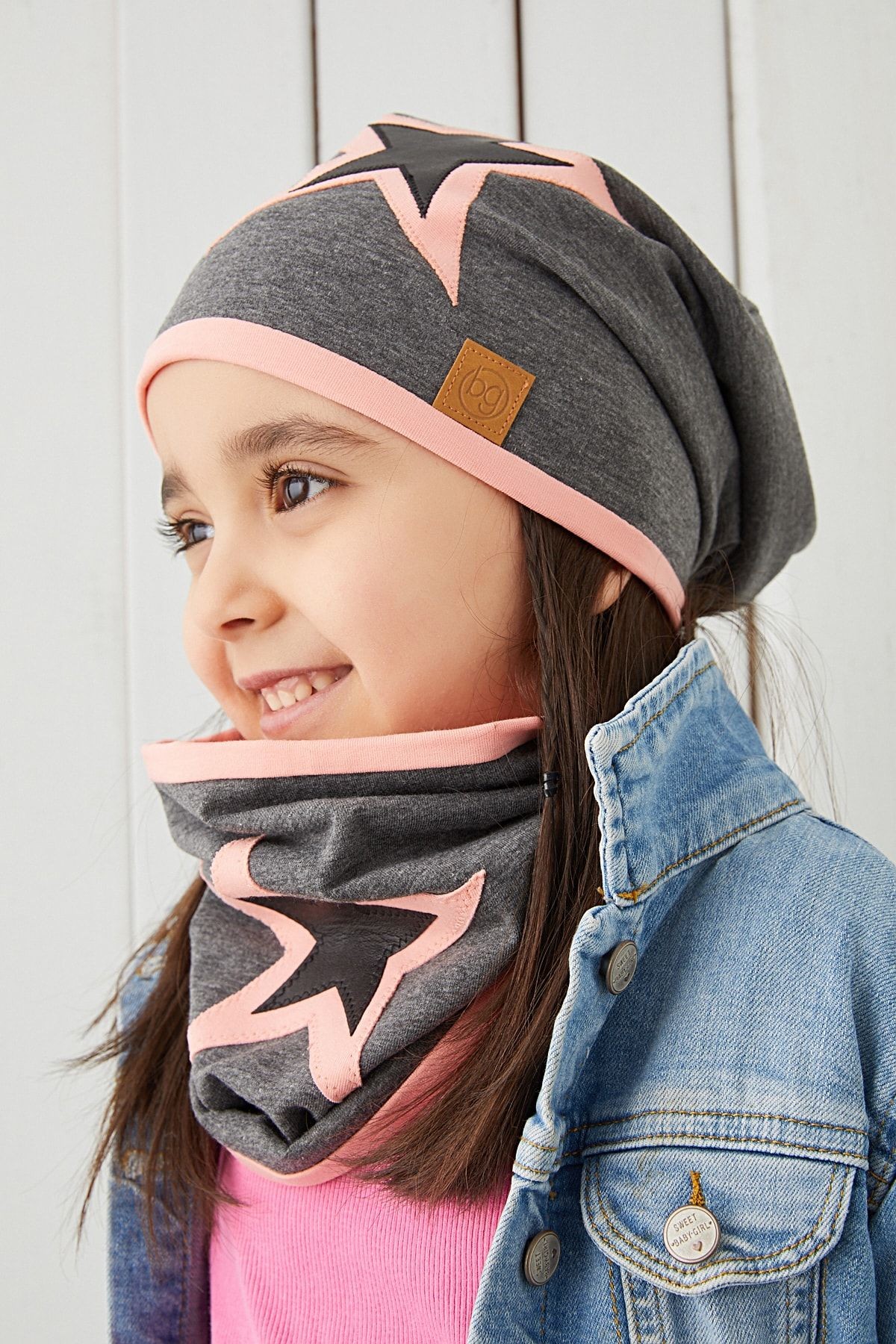 Pudra Gri Çocuk Bebek Bere Boyunluk Set Yumuşak %100 Pamuklu Penye Yıldız Seri