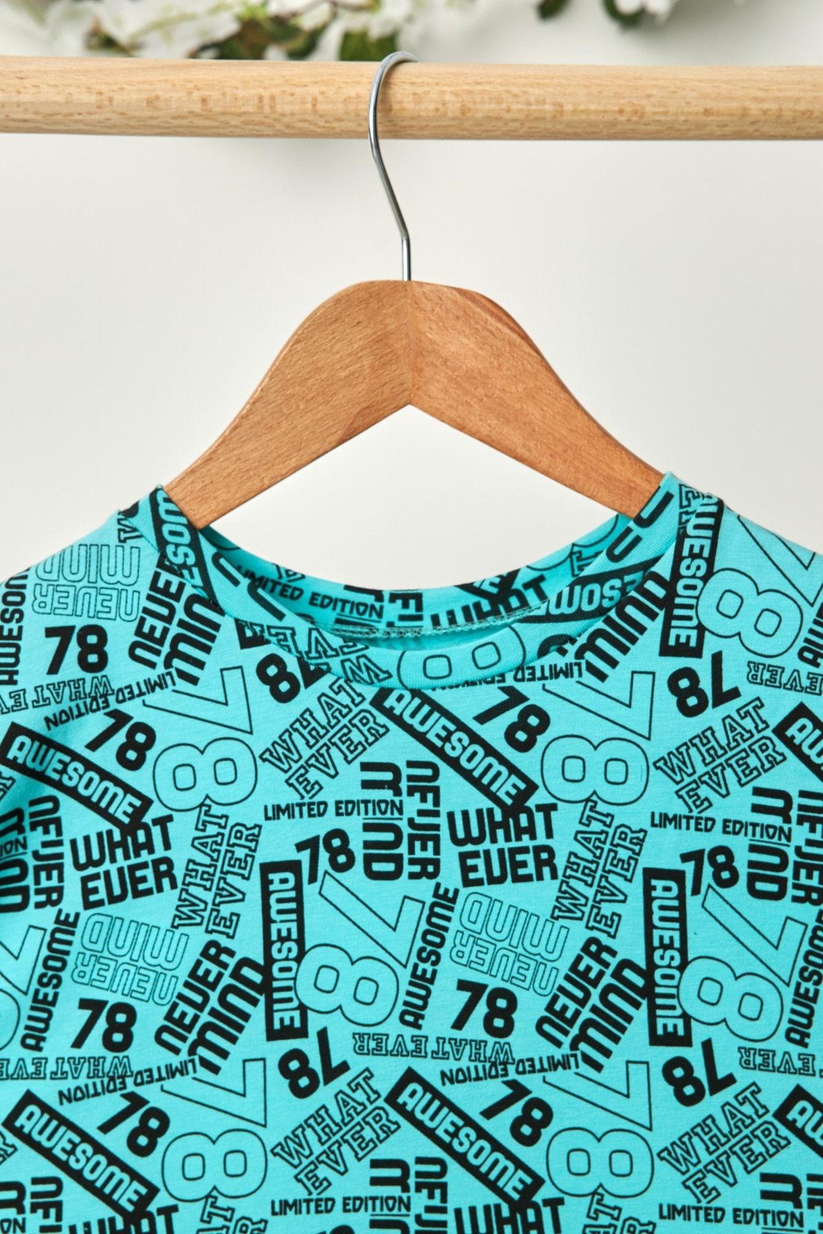 Erkek Çocuk %100 Pamuklu Oversize Turquaz Desenli T-Shirt Yumuşak Lacivert Bandana 2'Lİ TAKIM Seri5