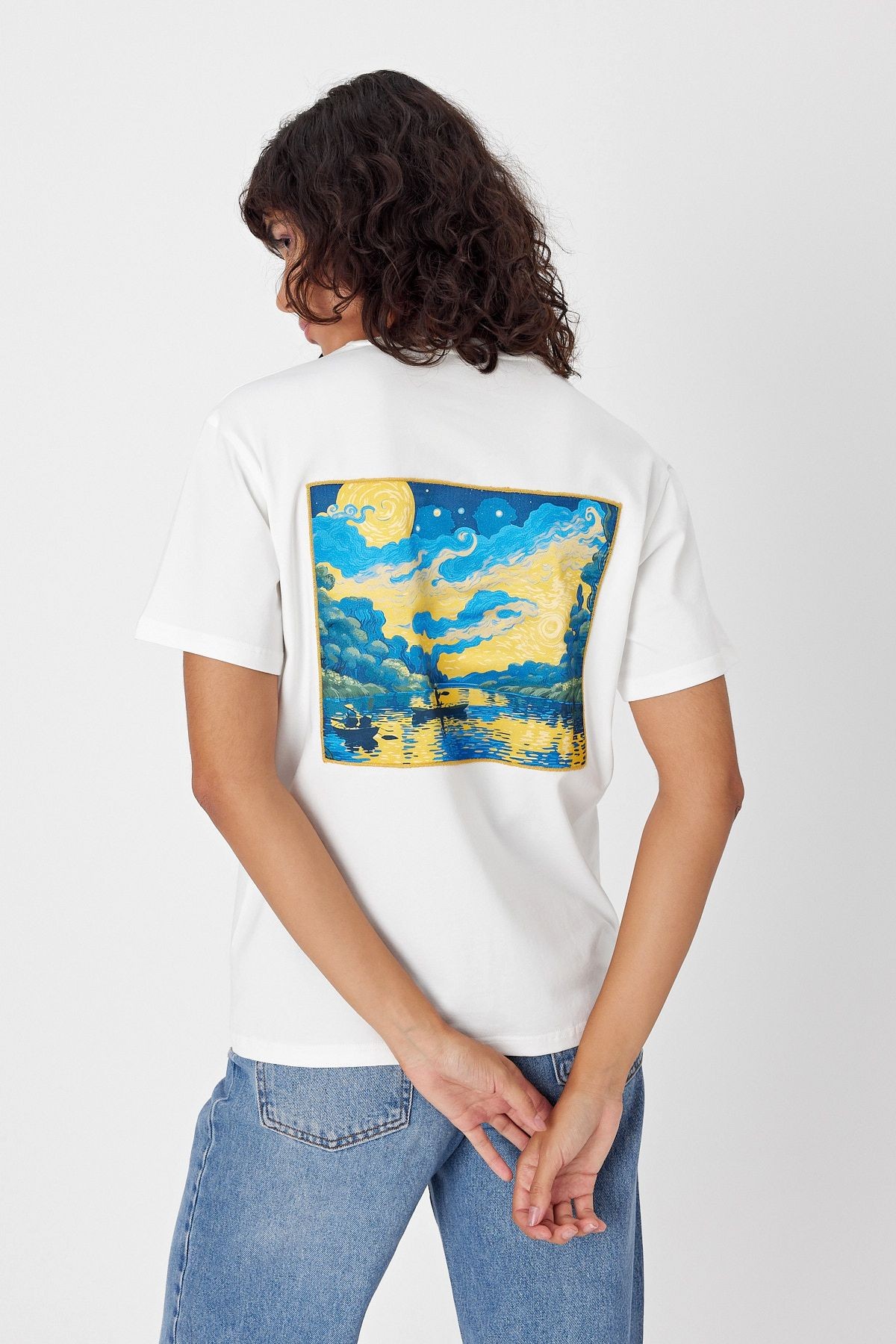 Yapay Zeka Tasarım Sırt Aplike Özel Baskılı %100 Pamuklu Penye Regular Fit T-shirt (vangogh)