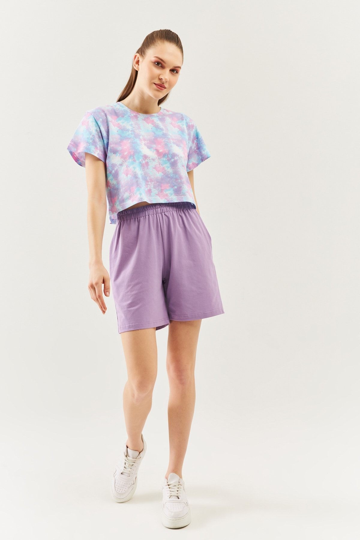 Batik Aqua Oversize Rahat %100 Pamuklu Penye Bisiklet Yaka Kısa Kol Basic Crop T-shirt