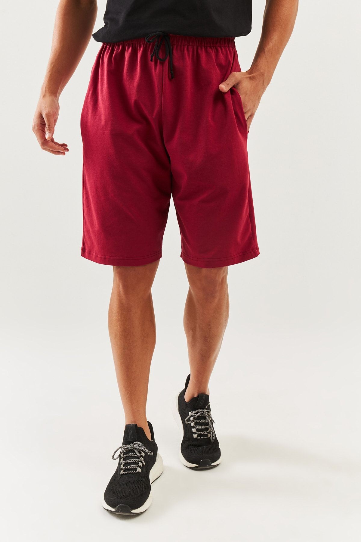 Bordo Rahat %100 Pamuklu Penye Bağcıklı Cepli Kısa Trendy Erkek Şort