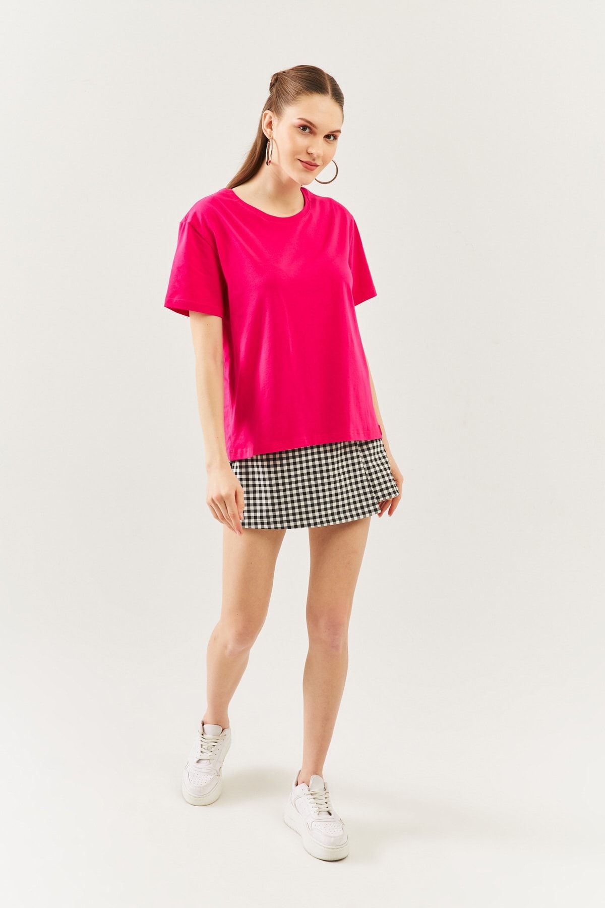 Fuşya Oversize Rahat %100 Pamuklu Penye Bisiklet Yaka Kısa Kol Basic T-shirt