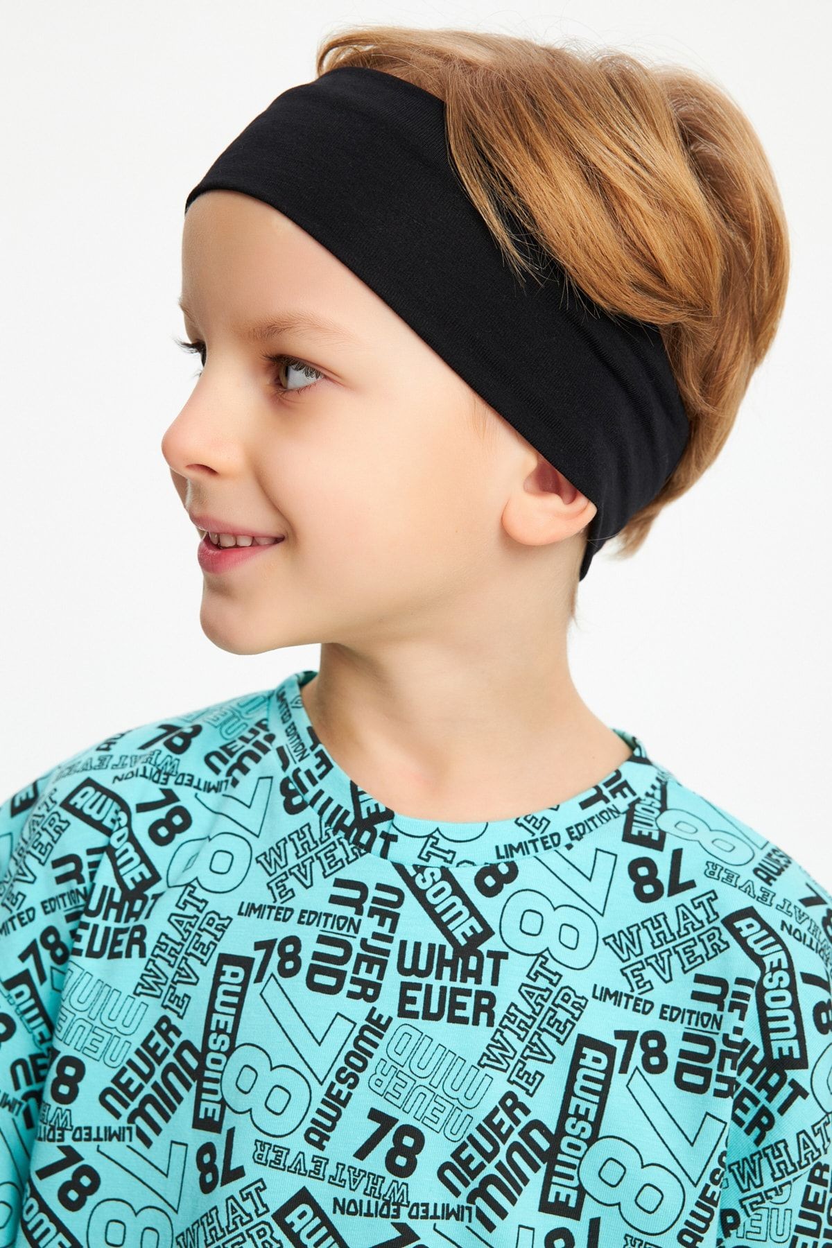 Erkek Çocuk %100 Pamuklu Oversize Turquaz Desenli T-Shirt Yumuşak Lacivert Bandana 2'Lİ TAKIM Seri5