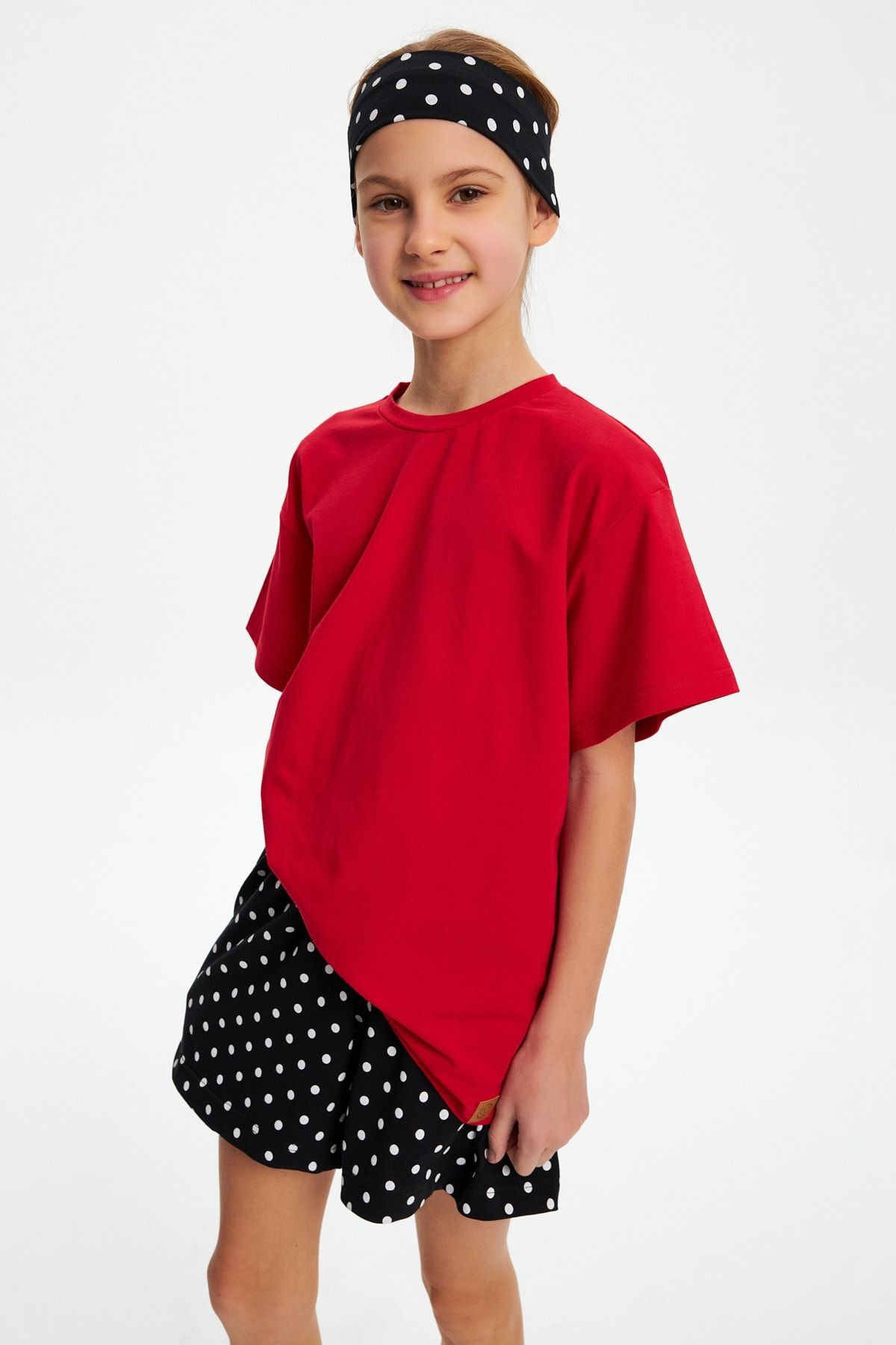Kız %100 Pamuklu Penye Şort T-shirt Bandana 3^lü Alt Üst Takım -spor Rahat Koleksiyon 3