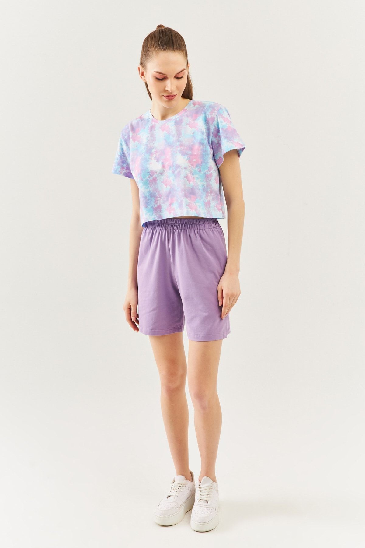 Batik Aqua Oversize Rahat %100 Pamuklu Penye Bisiklet Yaka Kısa Kol Basic Crop T-shirt