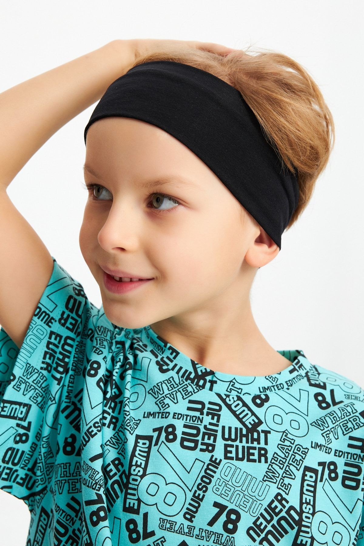 Erkek Çocuk %100 Pamuklu Oversize Turquaz Desenli T-Shirt Yumuşak Lacivert Bandana 2'Lİ TAKIM Seri5