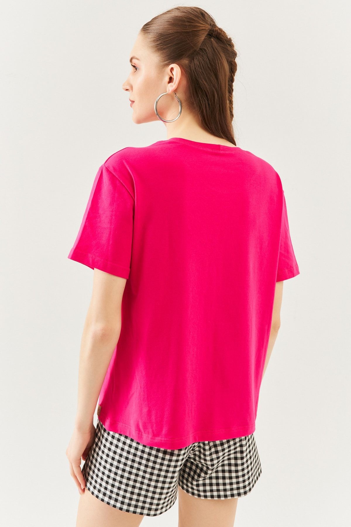 Fuşya Oversize Rahat %100 Pamuklu Penye Bisiklet Yaka Kısa Kol Basic T-shirt