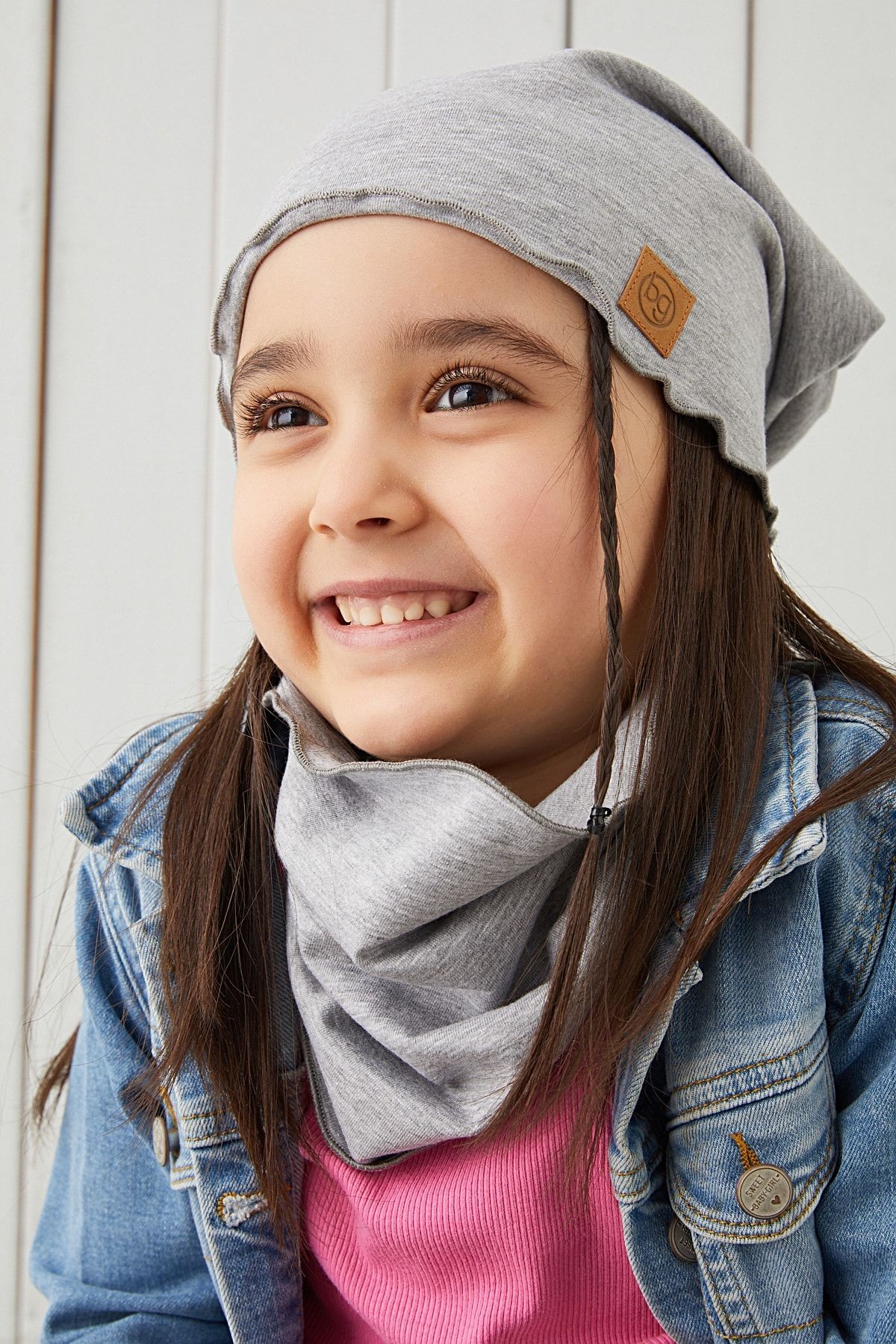 Gri Kız Çocuk Bebek Bere Boyunluk Set Yumuşak %100 Pamuklu Penye Trend Seri
