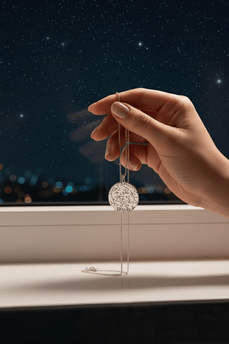 Yıldız Haritası İşlemeli Tasarım Gümüş Kolye