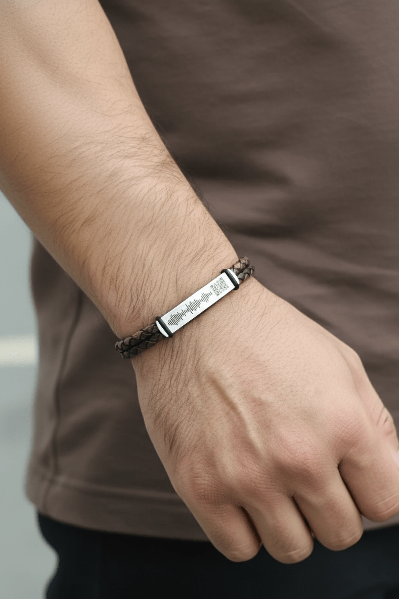 Engraved QR Code Leather Men's Bracelet