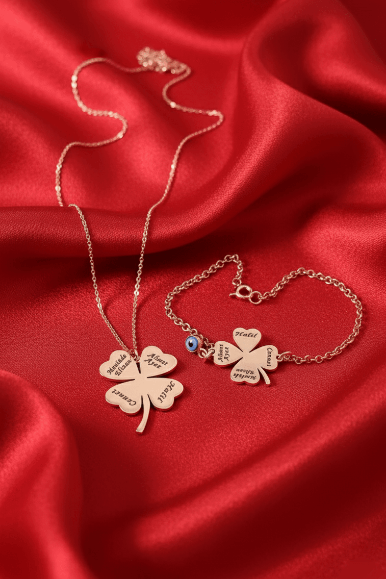 Personalized Family Name Clover Bracelet & Necklace Set