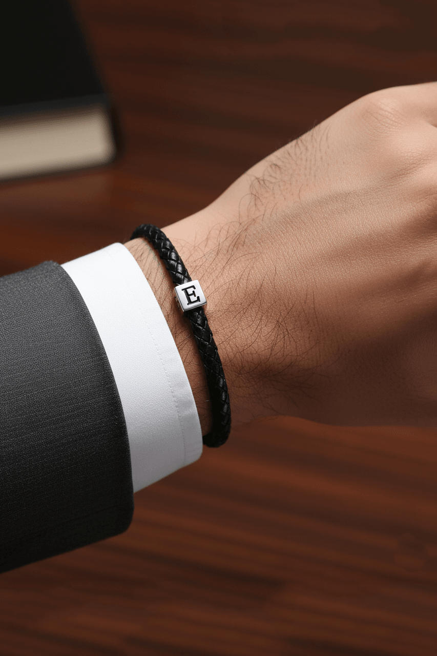 Custom Silver Cube Genuine Leather Bracelet