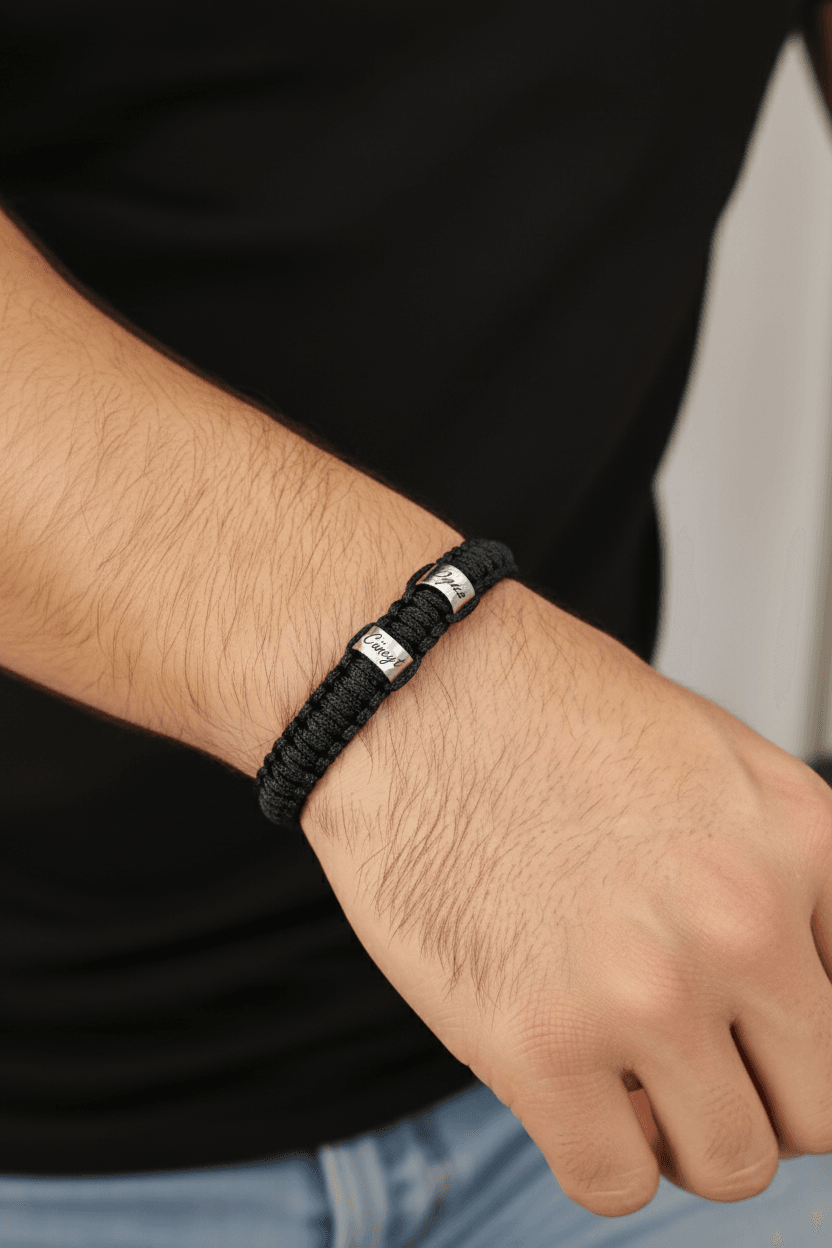 Makrome Örgü Kişiye Özel İsimli Gümüş Halkalı Unisex Bileklik