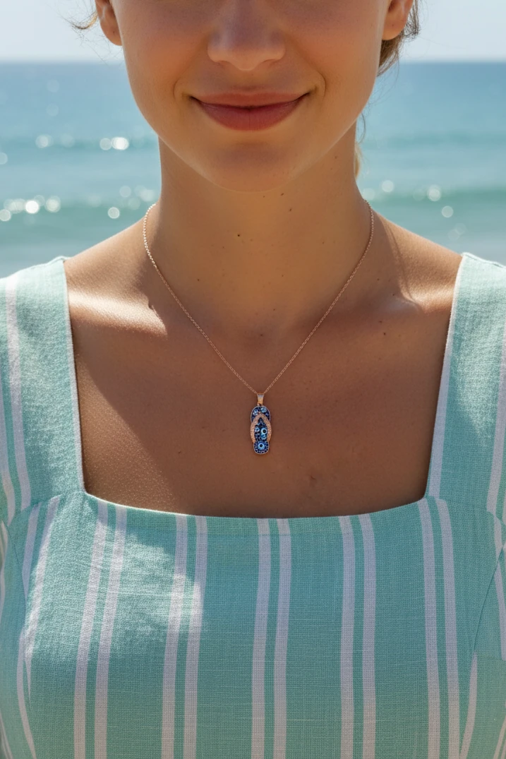 Mineli Nazar Göz Terlik Gümüş Kolye