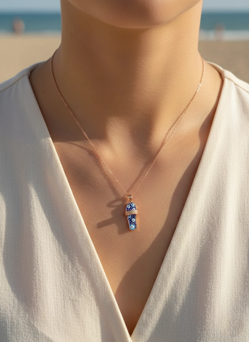 Mineli Nazar Göz Terlik Gümüş Kolye