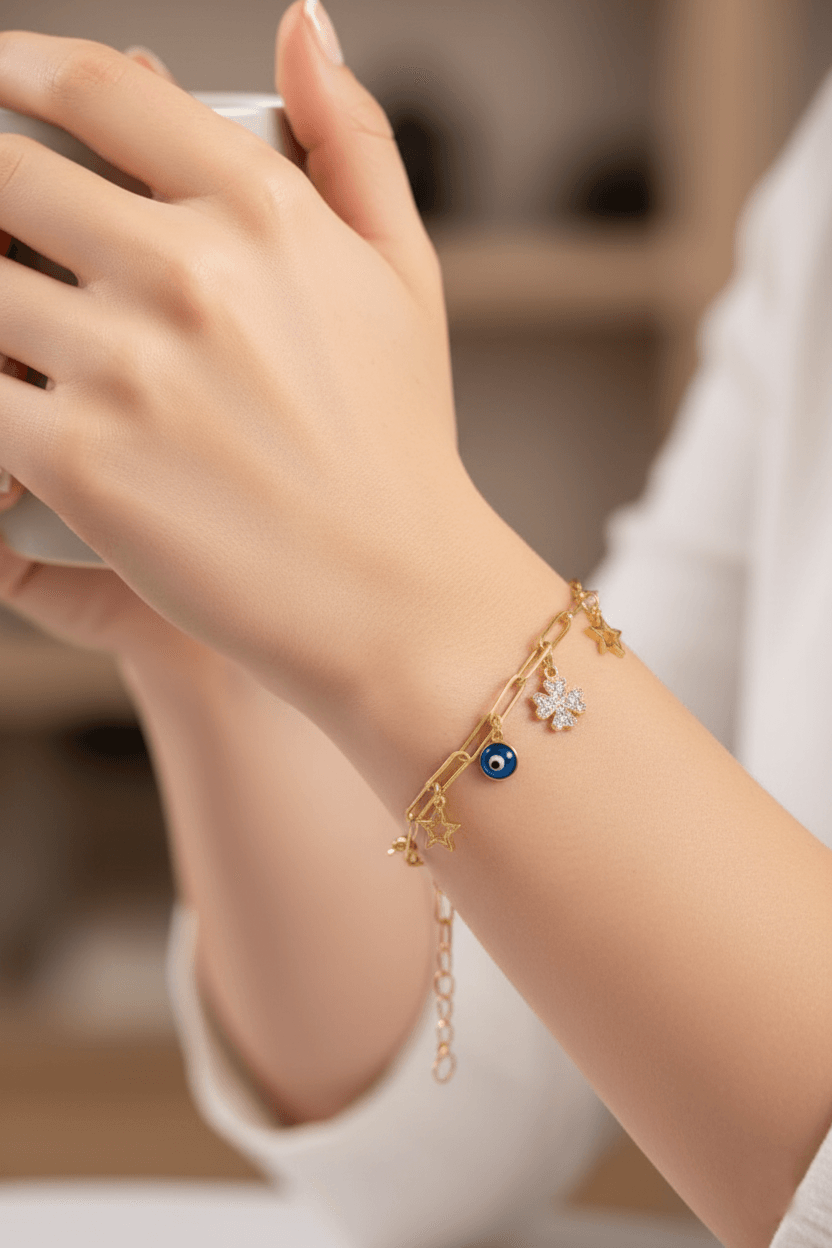 925 Silver Evil Eye & Any Symbol Gold Plated Bracelet