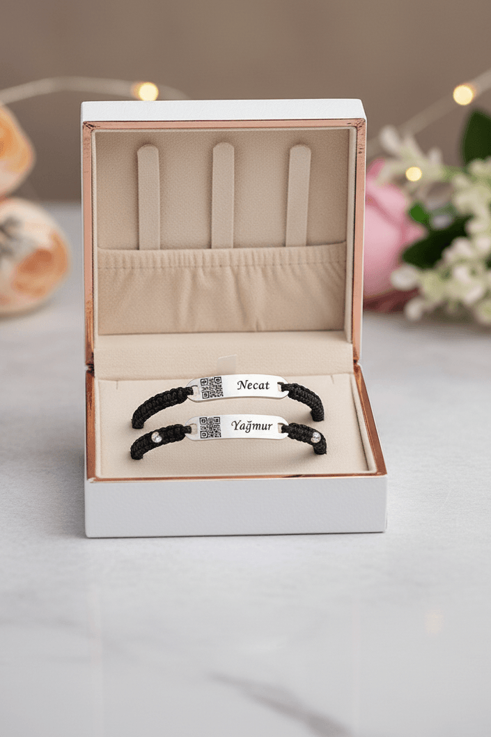 QR Code Silver Bracelet With Hand Woven String Cord