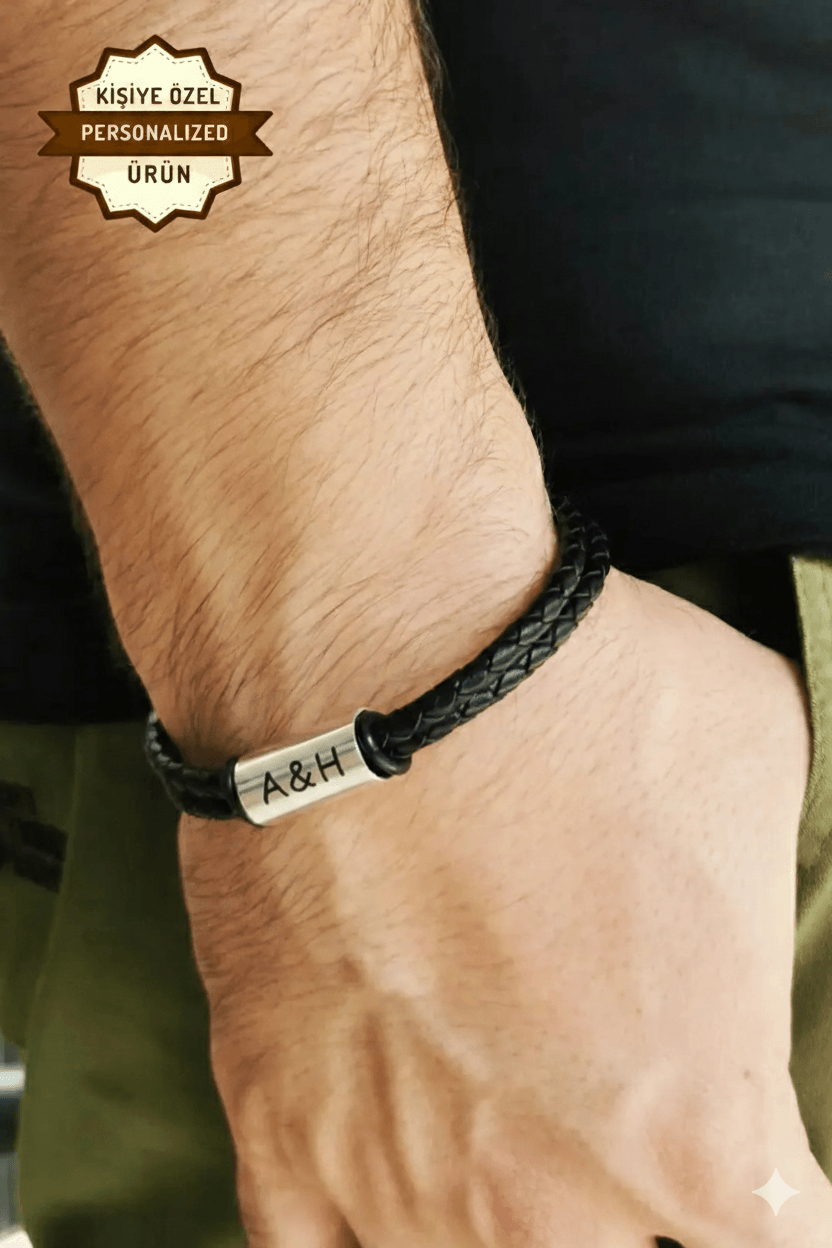 Gümüş Uzun Halkalı İsimli Deri Kordonlu Erkek Bileklik