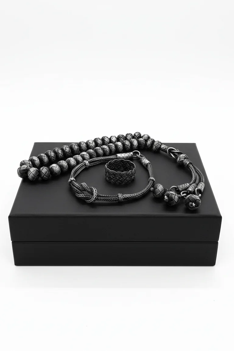 Hand Braided Oxidized Silver Men's Kazaziye Jewelry Set - Piyera