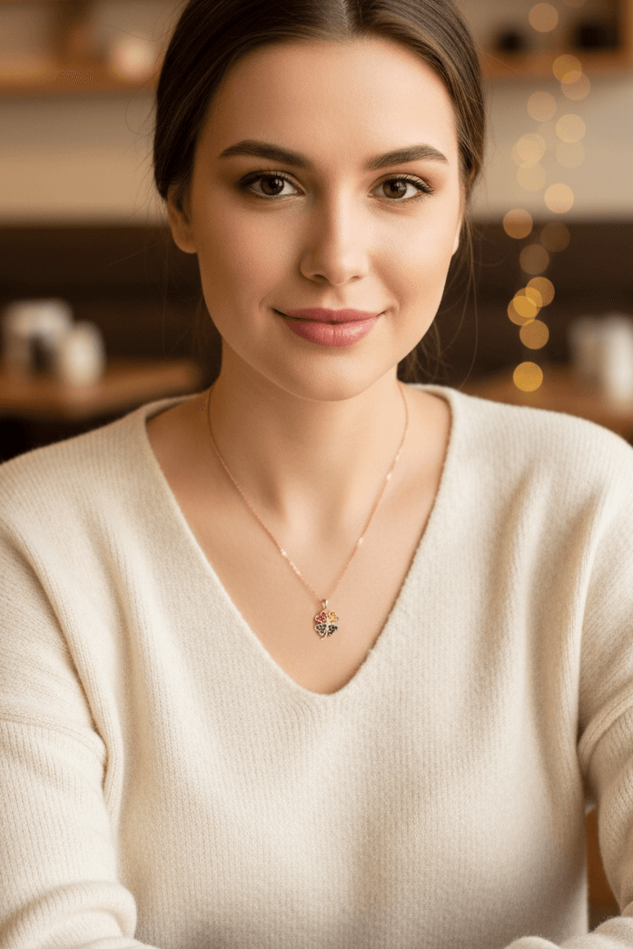 Mini Yonca Renkli Taşlı Tamamı Gümüş Kolye