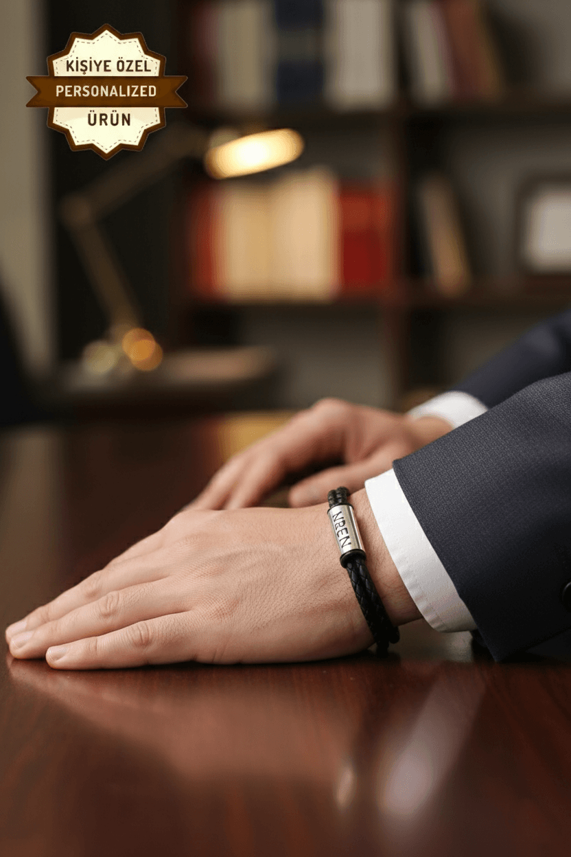 Gümüş Uzun Halkalı İsimli Deri Kordonlu Erkek Bileklik