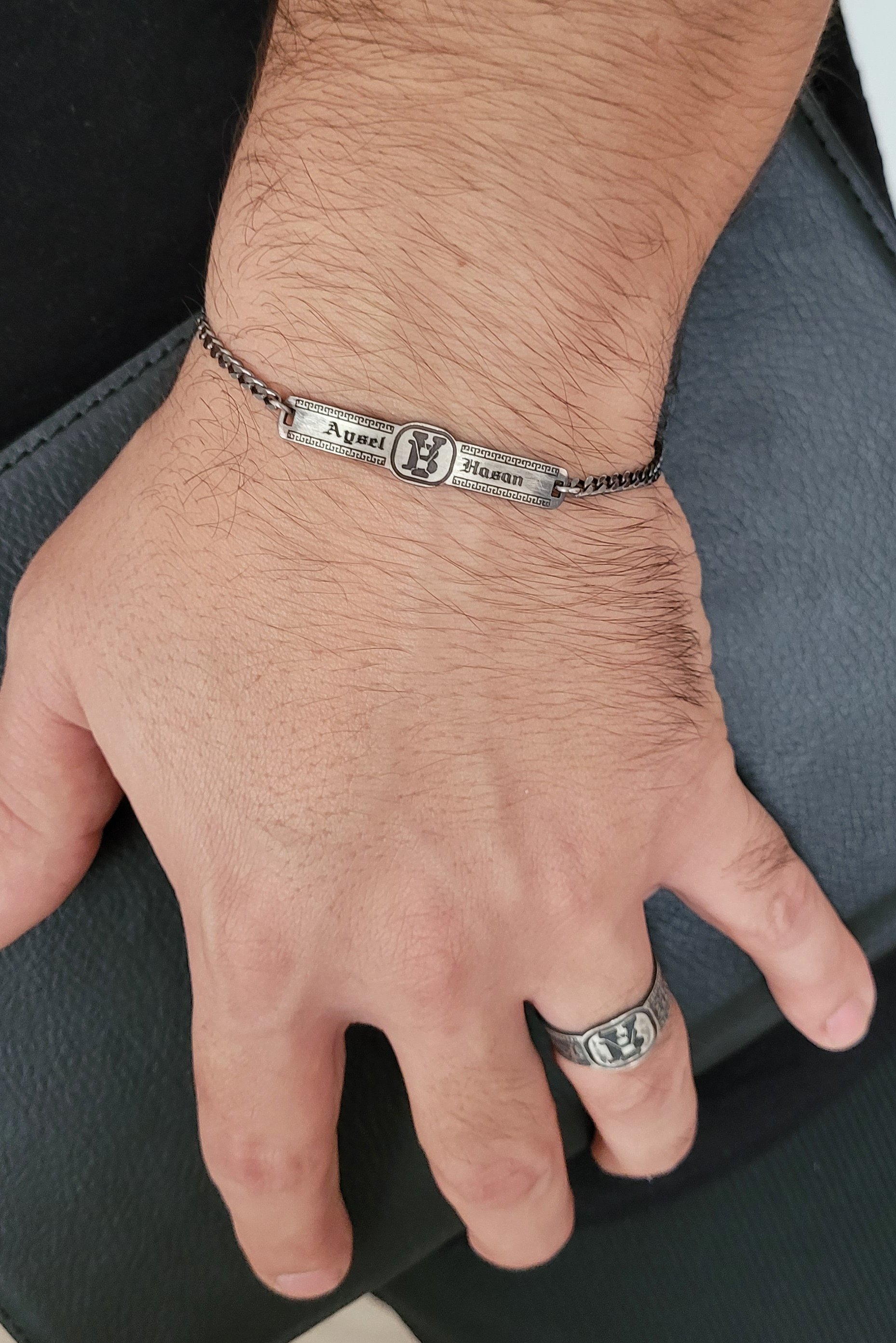 Custom Oxidized Name & Initial Silver Gothic Bracelet