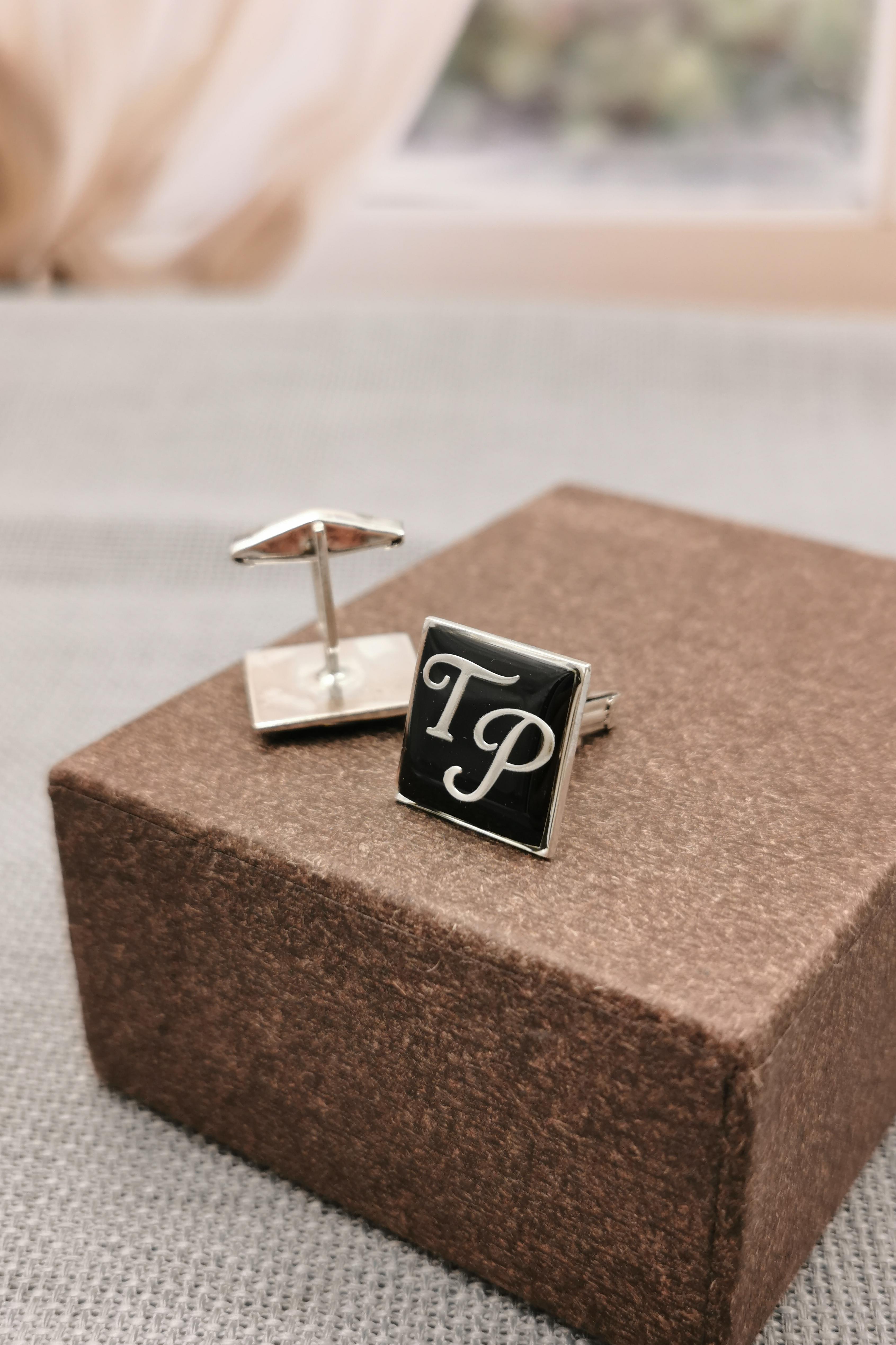 Personalized Silver Initial Black Cufflink