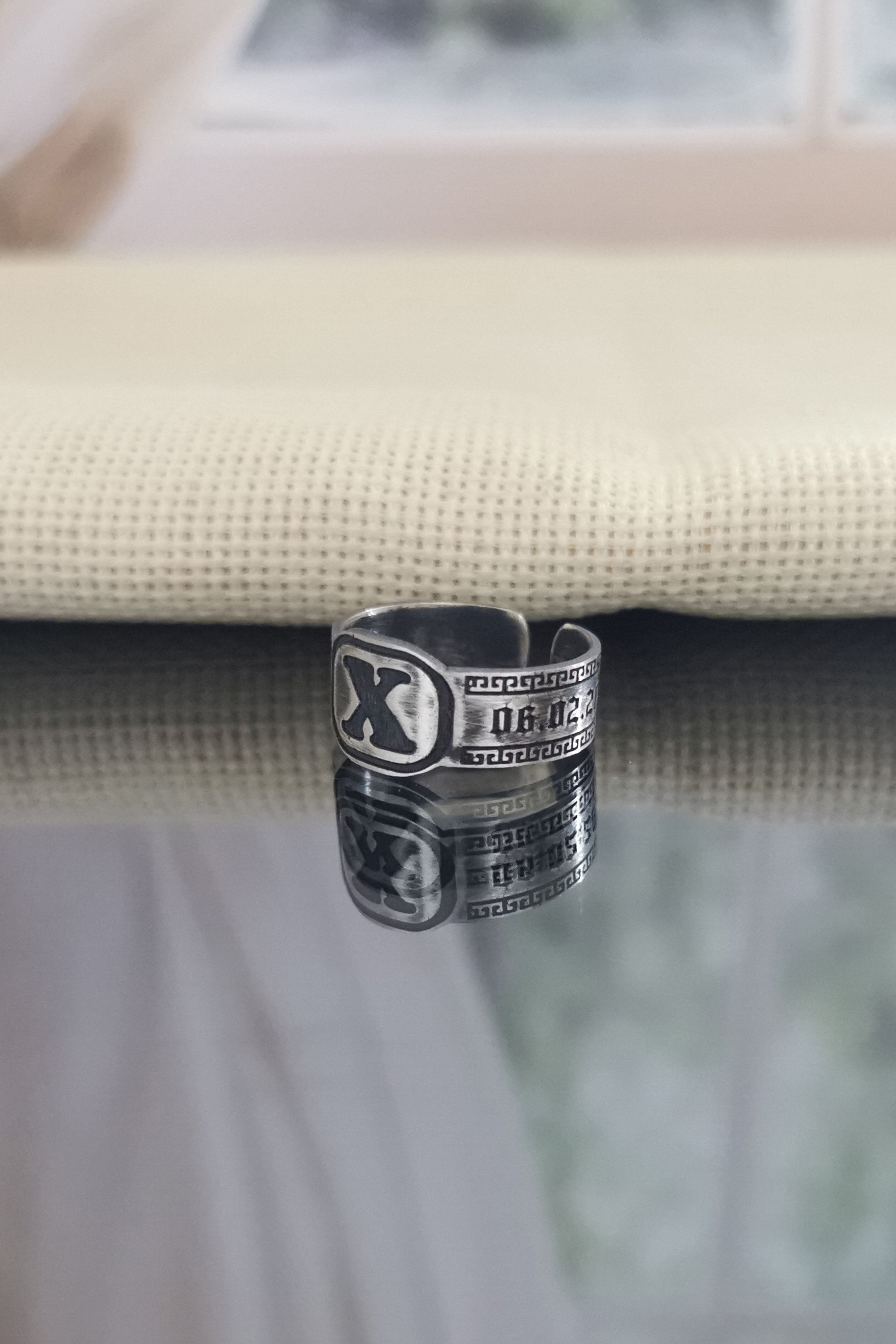 Custom Oxidized Name & Initial Silver Gothic Ring
