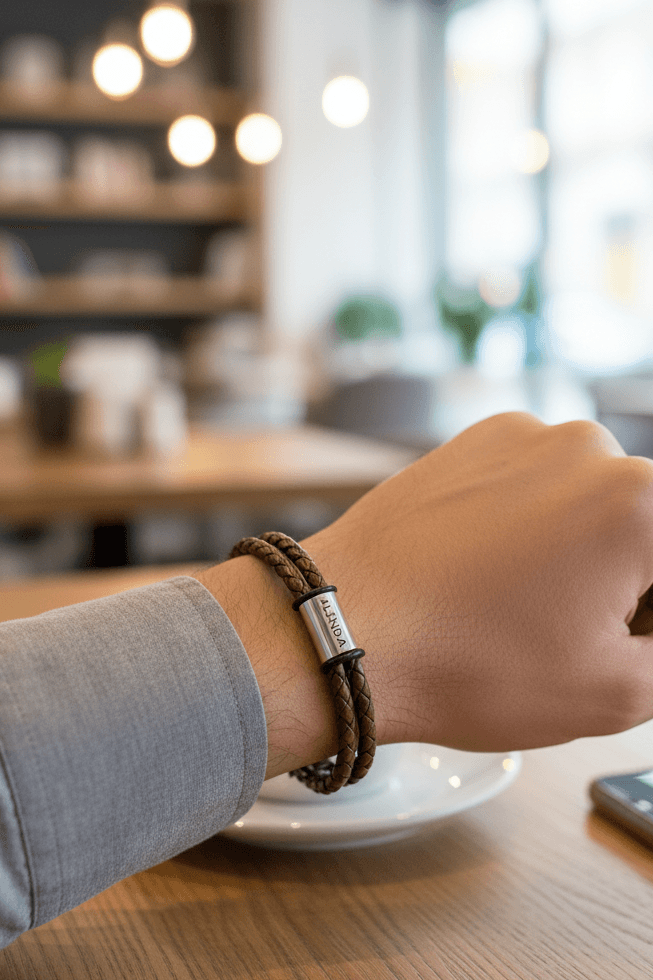 Gümüş Uzun Halkalı İsimli Deri Kordonlu Erkek Bileklik