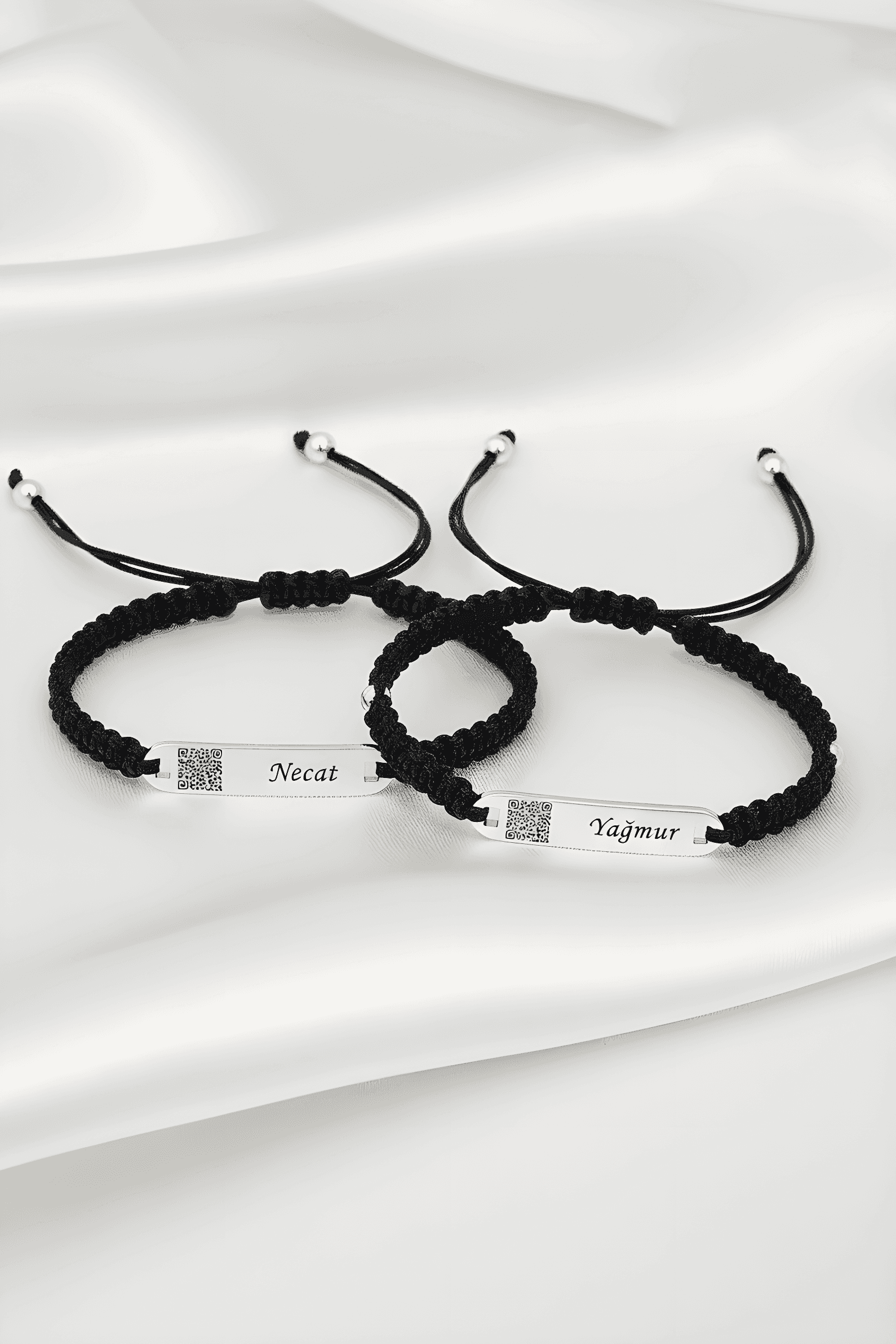 QR Code Silver Bracelet With Hand Woven String Cord